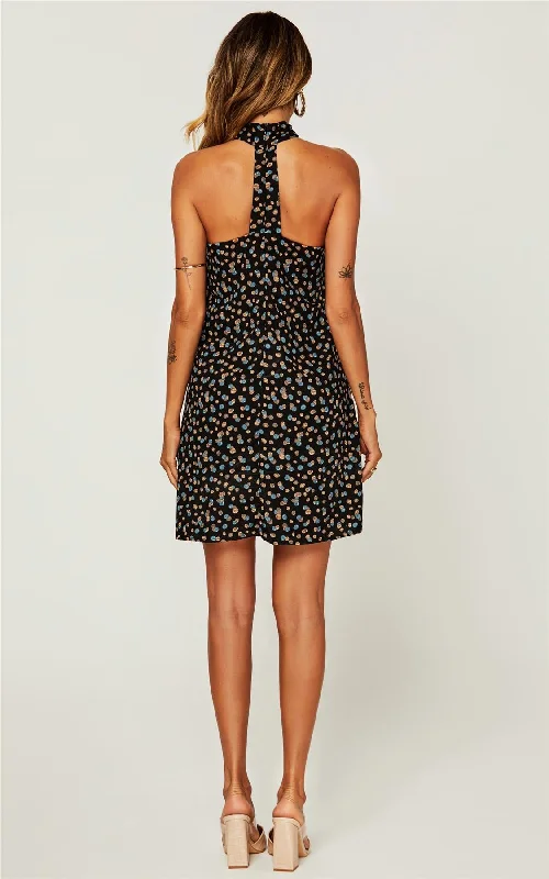 Spot Print Halter Neck Back Detail Mini Dress In Black