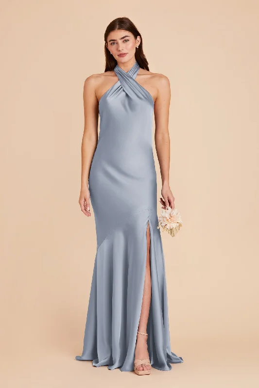 Stephanie Matte Satin Dress - Dusty Blue