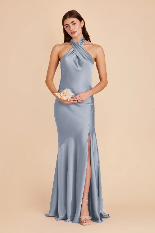 Stephanie Matte Satin Dress - Dusty Blue