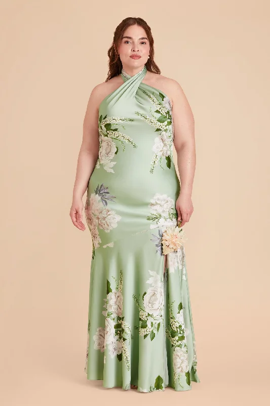 Stephanie Matte Satin Dress - Pistachio Garden Bloom