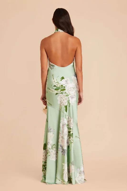 Stephanie Matte Satin Dress - Pistachio Garden Bloom