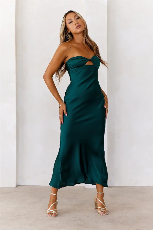 Style At Nightfall Satin Strapless Midi Dress Green