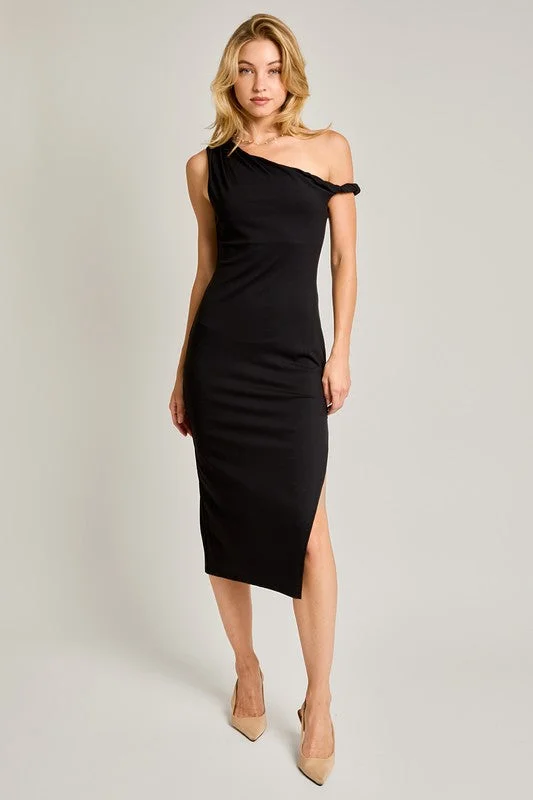 Tabitha Twisted Shoulder Midi Dress Black