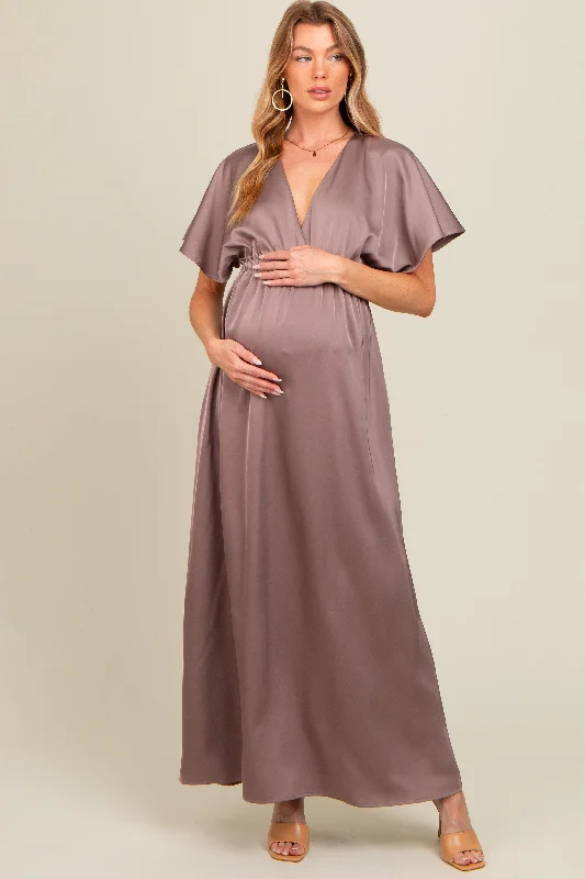 Taupe Satin V-Neck Flutter Short Sleeve Maternity Maxi Dress