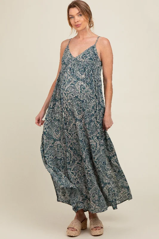 Teal Paisley Babydoll Cami Strap Maternity Maxi Dress