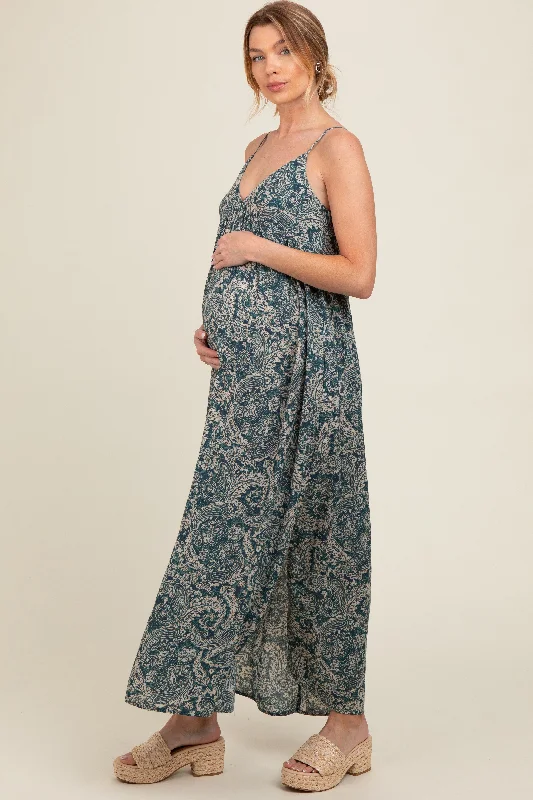 Teal Paisley Babydoll Cami Strap Maternity Maxi Dress