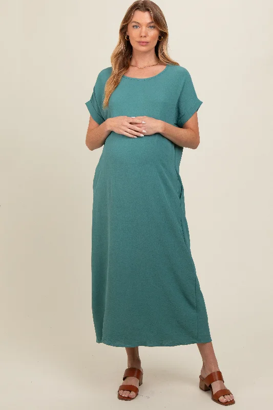 Teal Rolled Cuff Maternity Midi Dress