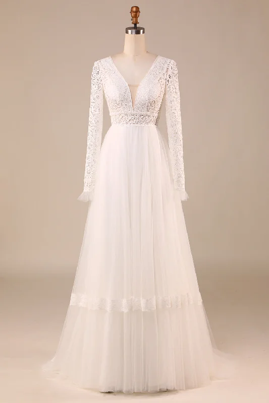 Tulle A-Line Long Sleeves Ivory Wedding Dress with Lace