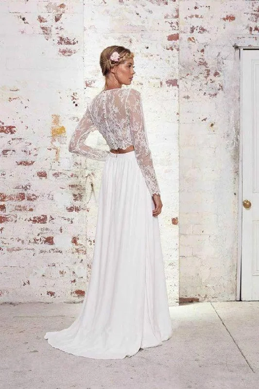 Two Pieces Long Sleeves Lace White Beach Wedding Bridal Dresses  WD383