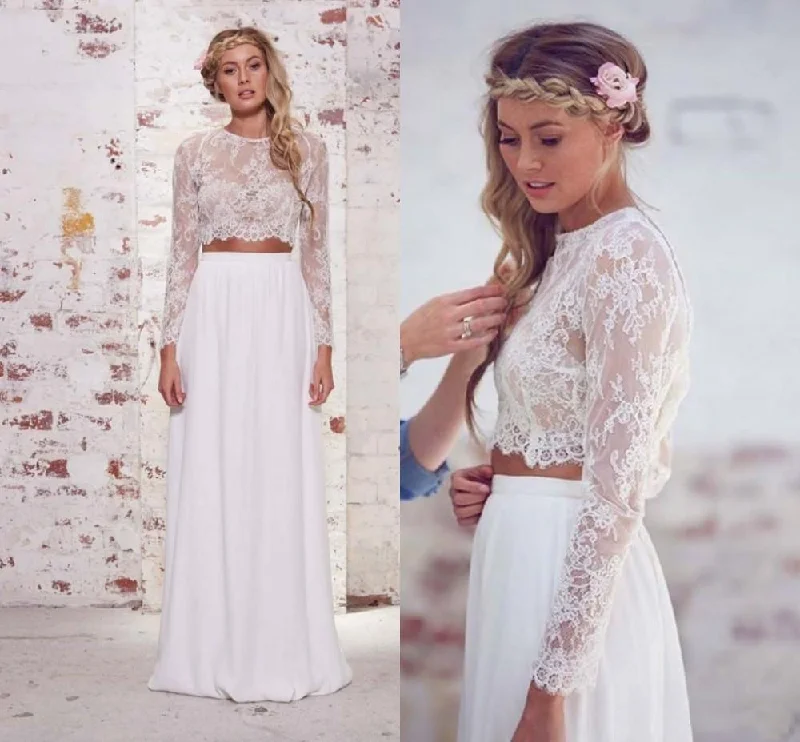 Two Pieces Long Sleeves Lace White Beach Wedding Bridal Dresses  WD383