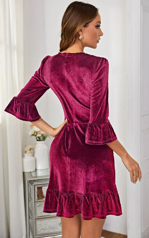 Velvet Frill Detail Mini Dress In Ruby