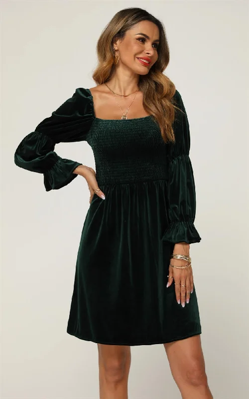 Velvet Square Neck Puff Sleeve Mini Dress In Forest Green