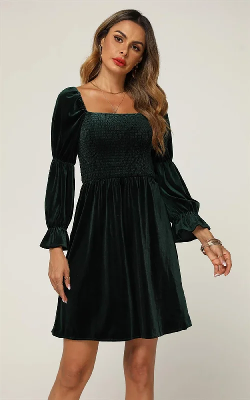 Velvet Square Neck Puff Sleeve Mini Dress In Forest Green