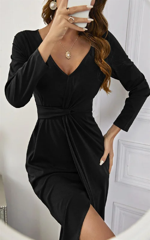 Waist Wrap Long Sleeve Midi Dress In Black