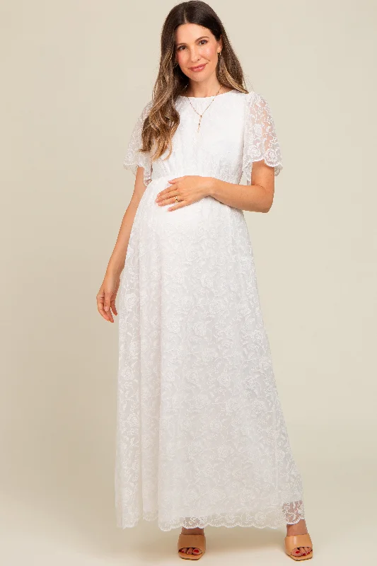 White Lace Sheer Lace Back Maternity Maxi Dress