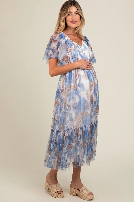 White Leaf Print Mesh Smocked Maternity Midi Dress