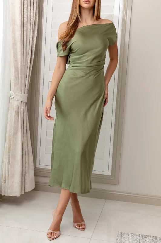 ZANIYAH ONE SHOULDER MAXI DRESS - Olive Green Satin