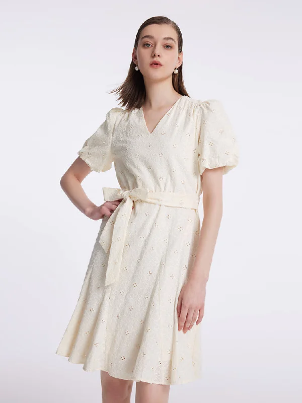 Puff Sleeves Ruffle Embroidered Women Mini Dress With Belt