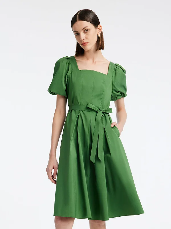 Green Square Neck Puff Sleeve A-Line Mini Dress