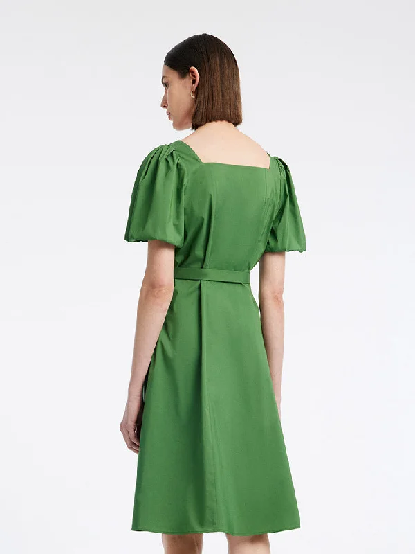 Green Square Neck Puff Sleeve A-Line Mini Dress