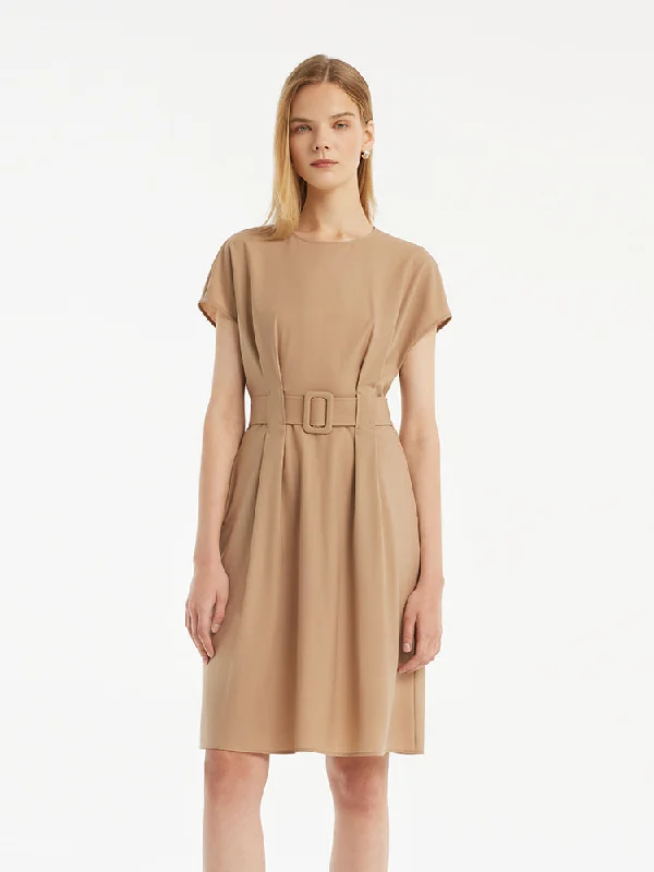 Wool-Silk Blend Women Mini Dress With Belt