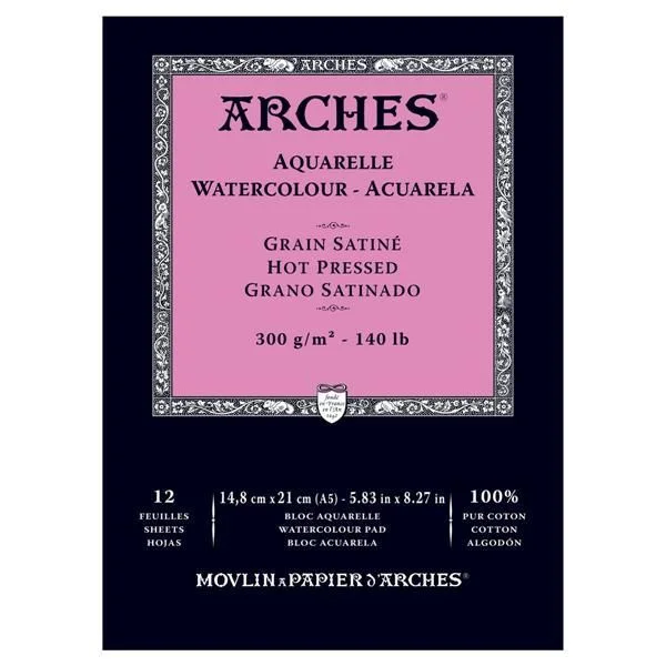 Artist - quality paintbrushes made of natural bristles​ Arches Watercolour Natural White 300gsm Hot Pressed 12 Sheet Pads