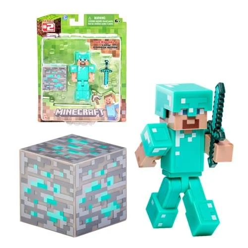 Super Mario Bros. Mario and Luigi Action Figures​ Minecraft 3" Diamond Steve Figure with Armor and Accessories