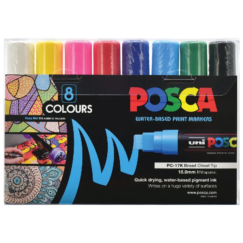 Gouache paint sets for opaque and vibrant paintings​ Uni Posca PC-17K 15.0mm Extra-Broad Chisel Assorted Markers Set of 8