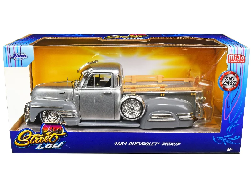 Food - themed model toys like pizza delivery trucks​ 1951 Chevrolet 3100 Pickup Truck Lowrider Silver Metallic and Gray "Street Low" Series 1/24 Diecast Model Car by Jada