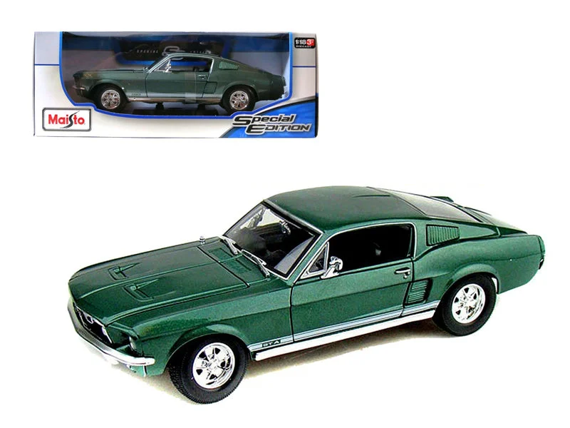 Fire station model toys with firefighting equipment​ 1967 Ford Mustang GTA Fastback Green Metallic with White Stripes 1/18 Diecast Model Car by Maisto