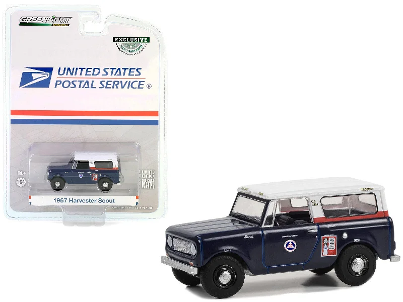 Vintage car model toys for classic - car collectors​ 1967 Harvester Scout RHD (Right Hand Drive) Blue with White Top "USPS (United States Postal Service)" "Hobby Exclusive" Series 1/64 Diecast Model Car by Greenlight