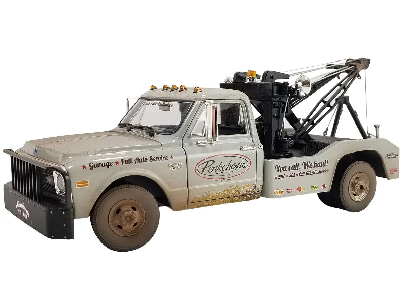 Gas - station model toys for vehicle - refueling play​ 1969 Chevrolet C-30 Wrecker Tow Truck "Porkchop's Chop Shop" Silver Metallic (Weathered) 1/18 Diecast Model Car by Greenlight for ACME