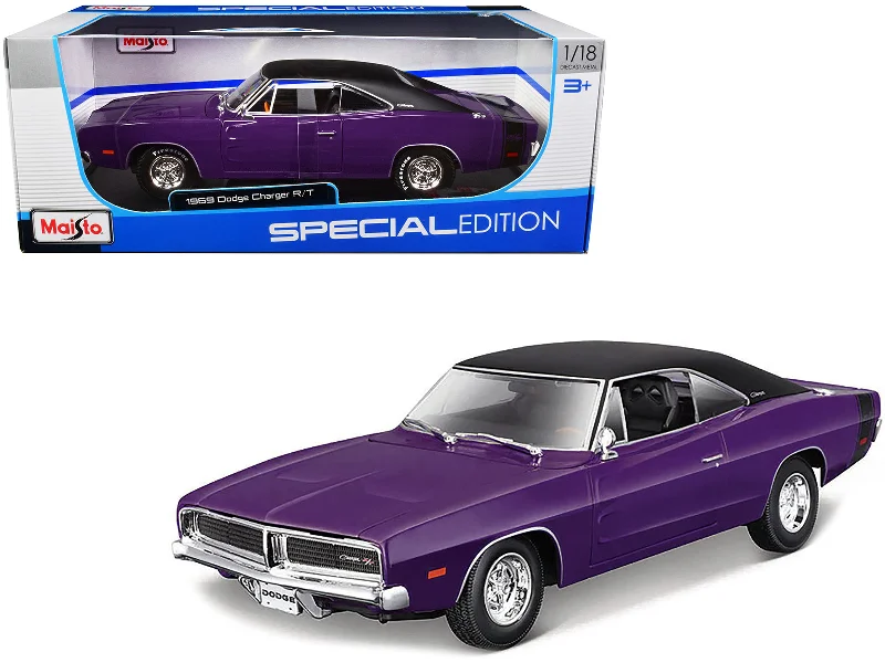 Safari - jeep model toys for African - safari play​ 1969 Dodge Charger R/T Purple with Matt Black Top and Black Tail Stripe "Special Edition" 1/18 Diecast Model Car by Maisto