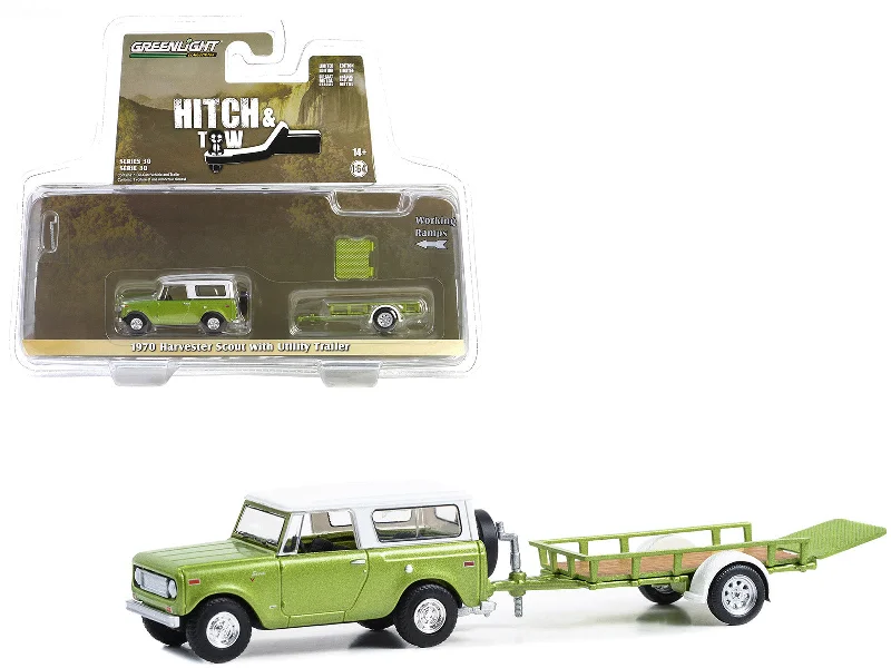 Construction - site model toys with workers and equipment​ 1970 Harvester Scout Lime Green Metallic with Alpine White Top and Utility Trailer "Hitch & Tow" Series 30 1/64 Diecast Model Car by Greenlight