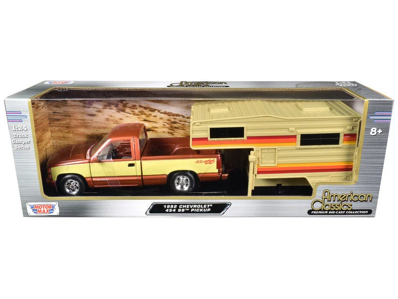 Train set model toys with realistic track layouts for kids​ 1992 Chevrolet 454 SS Pickup Truck Copper Metallic with Beige Sides with Camper Shell "American Classics" Series 1/24 Diecast Model Car by Motormax