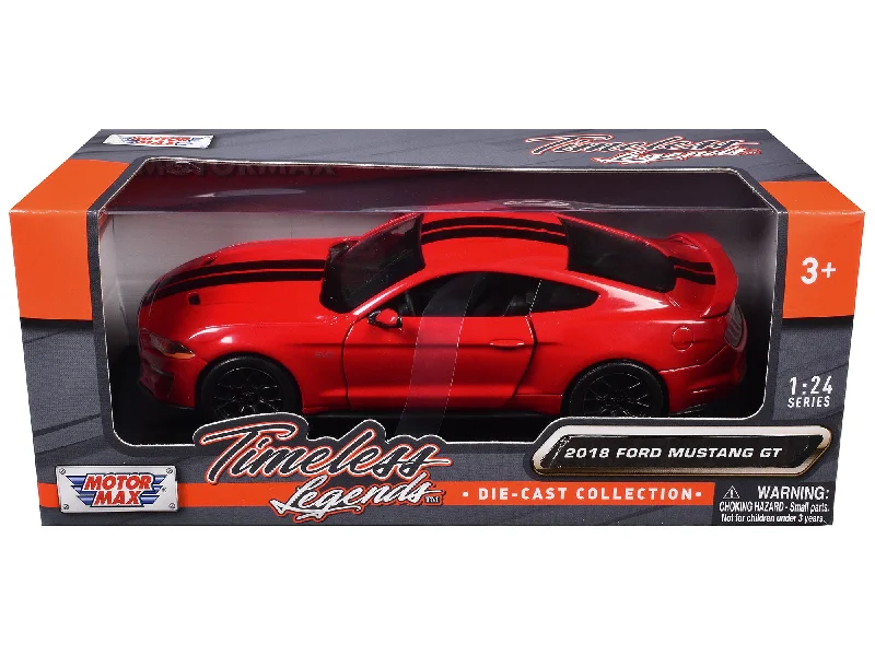 Airport model toys with planes and runways​ 2018 Ford Mustang GT 5.0 Red with Black Stripes "Timeless Legends" Series 1/24 Diecast Model Car by Motormax