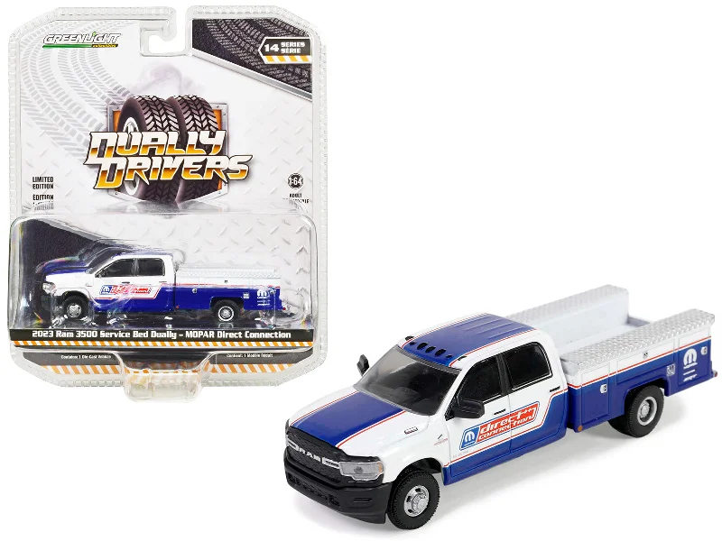 Treehouse model toys for backyard adventures​ 2023 Ram 3500 Service Bed Dually Pickup Truck White and Blue "Mopar Direct Connection" "Dually Drivers" Series 14 1/64 Diecast Model Car by Greenlight