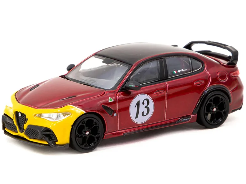 Gothic - style model toys for a spooky atmosphere​ Alfa Romeo Giulia GTAm #13 Red Metallic and Yellow with Black Top "Global64" Series 1/64 Diecast Model by Tarmac Works