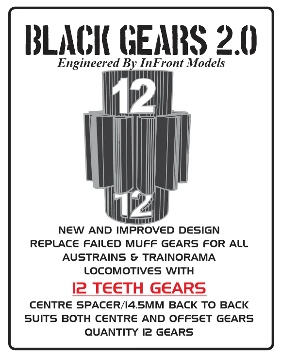 Formula 1 race car model toys for motor - sports lovers​ Black Gears 2.0 – to suit Austrains & Trainorama Models – 12-Teeth Gears (12pc)