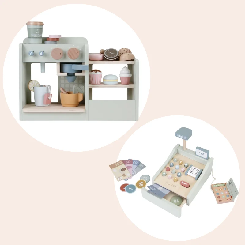 Wooden horns for pretend play​ Coffee Corner & Cash Register with Scanner Bundle