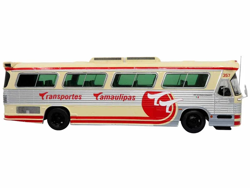 Ice cream truck model toys for fun food - related play​ Dina 323 G2 Olimpico Coach Bus "Transportes Tamaulipas: Reynosa" Cream and Silver with Red Stripes "The Bus & Motorcoach Collection" 1/43 Diecast Model by Iconic Replicas