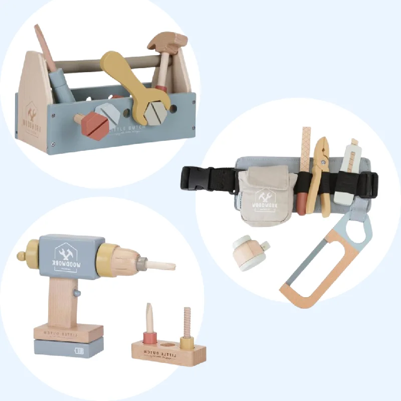 Wooden crib toys for baby entertainment​ Toolbox, Toolbelt and Drill Bundle Play Set
