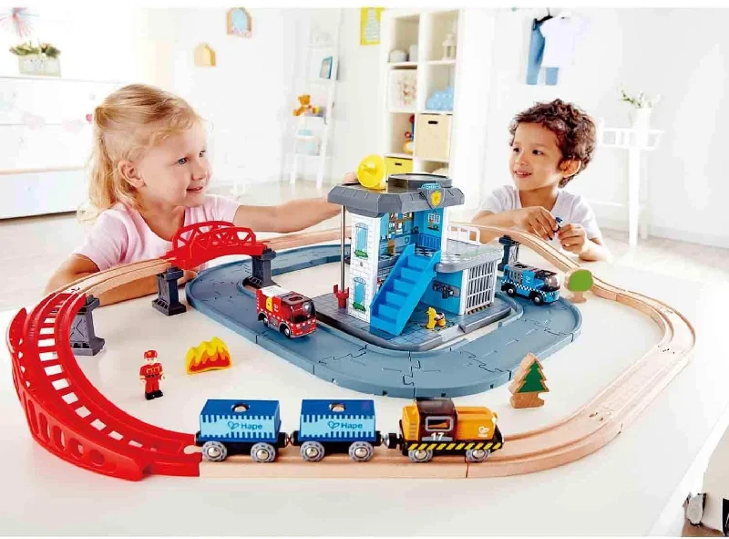 Wooden play fire stations for fire - fighting pretend​ EMERGENCY SERVICES HQ Train Set Hape