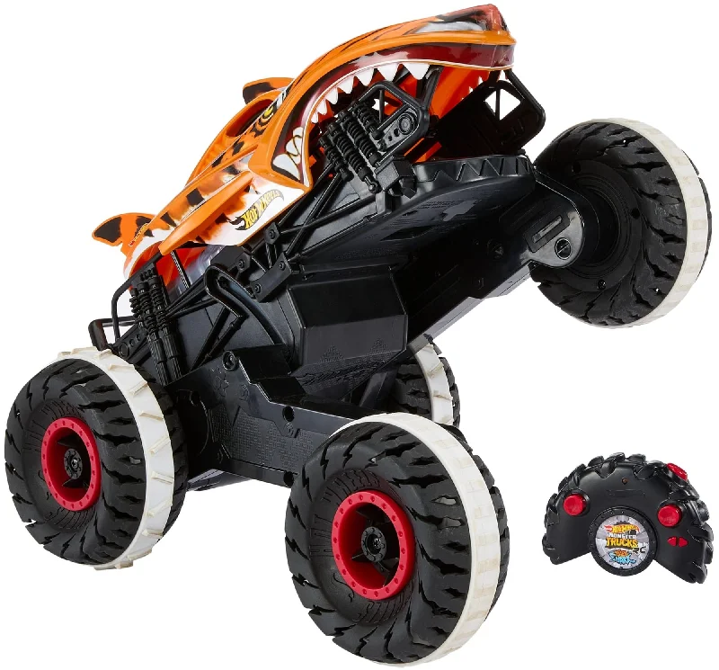 RC cars with high - speed motors for thrill - seeking​ Hot Wheels Monster Trucks, Remote Control Car, 1:15 Scale Tiger Shark RC With All-Terrain Wheels