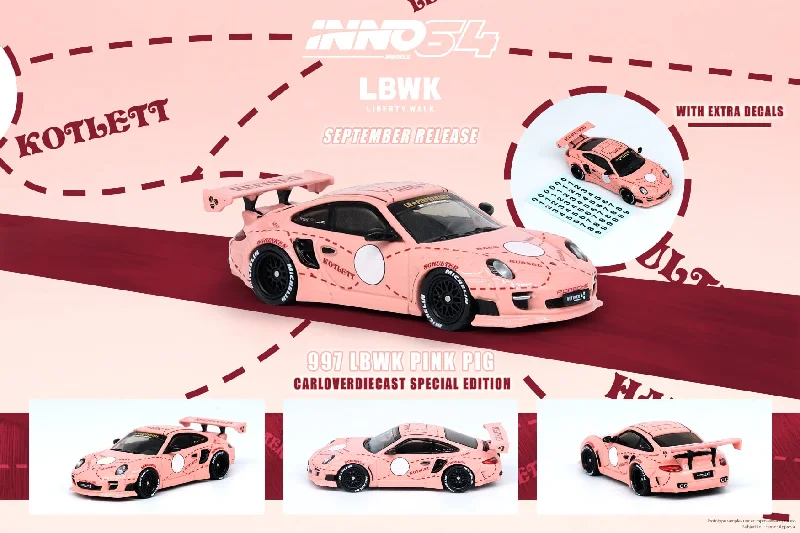 Food - themed model toys like pizza delivery trucks​ INNO64 1:64 Porsche 997 Liberty Walk in Pink Pig Special Edition