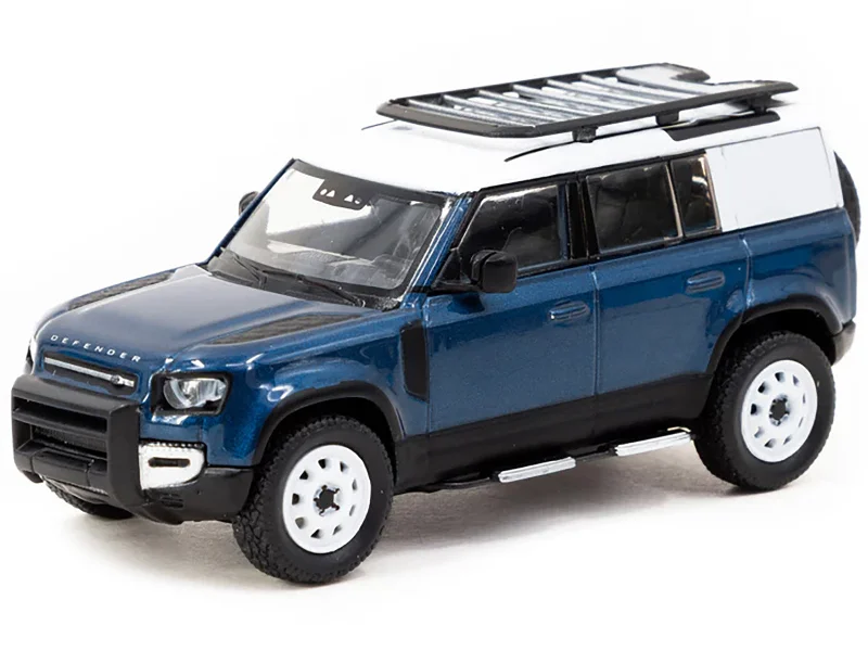 African - village model toys for cultural diversity study​ Land Rover Defender 110 Blue Metallic with White Top and Roof Rack "Global64" Series 1/64 Diecast Model by Tarmac Works