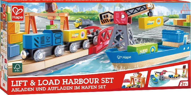 Wooden play airports for transportation role - play​ Lift and Load Harbour Set Hape