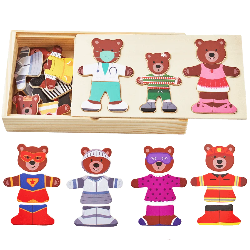Wooden play farms for rural - themed play​ Wooden Puzzle Game - Bears Dress Up Set
