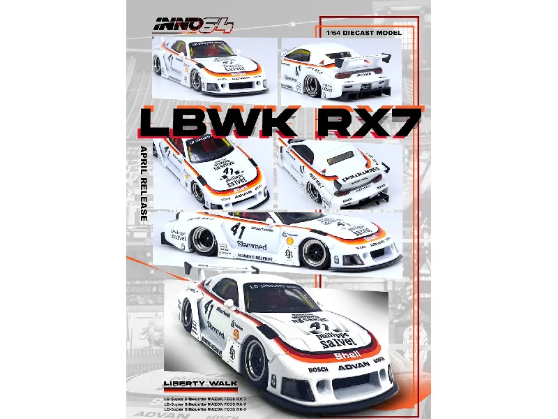 Amphibious vehicle model toys for unique play experiences​ Mazda RX7 (FD3S) LB-Super-Silhouette RHD (Right Hand Drive) #41 White with Stripes and Graphics 1/64 Diecast Model Car by Inno Models