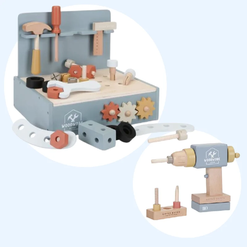 Wooden solar - powered toys for eco - friendly fun​ Mini Workbench and Drill Play Set Bundle